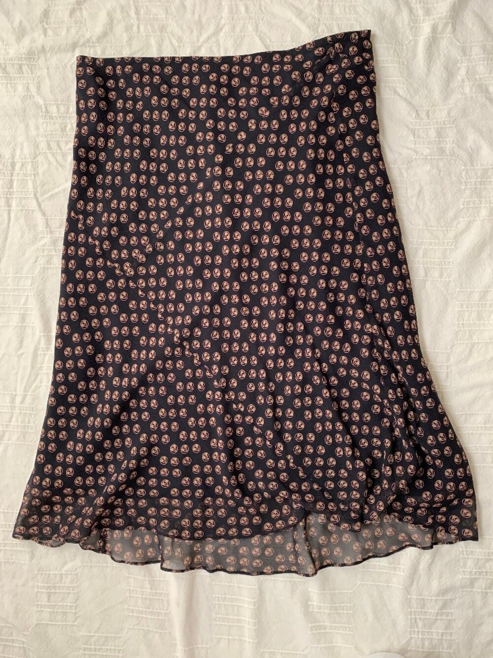 Vintage Studio M 100% Silk Lined Midi Skirt coral & ochre design on black